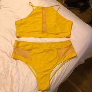 SHEIN 4XL Contrast Mesh High Waisted Bikini Swimsuit in Mustard Yellow